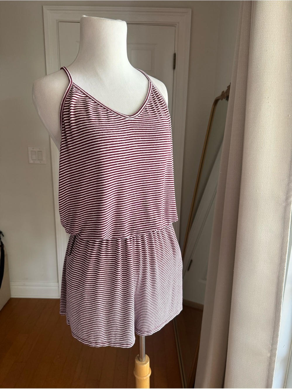 Striped Sleeveless Romper in Burgundy and White by Brandy Melville one size